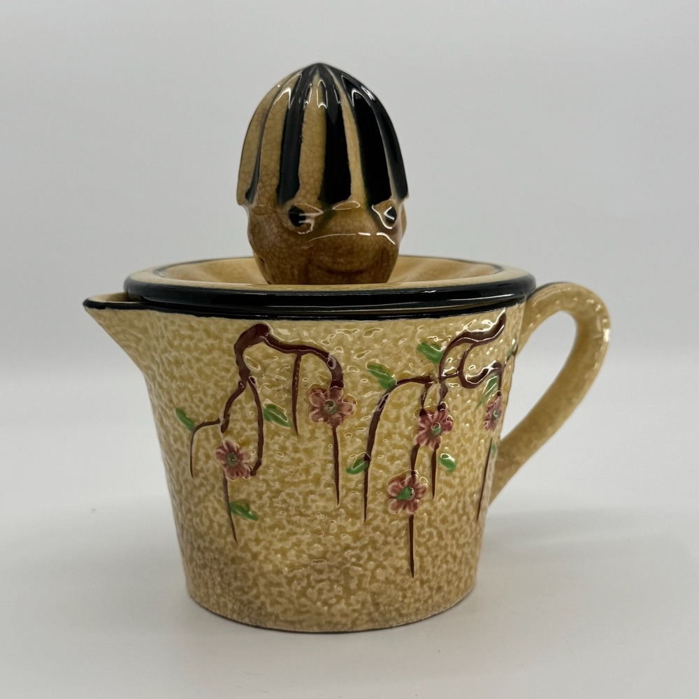 Vtg Made in Japan Ceramic Citrus Juicer Reamer Pitcher Crackle Glaze Face Floral